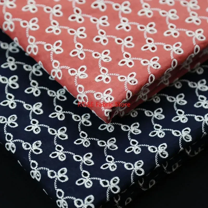 Pink Dark blue 3D flower hollow embroidery cotton fabric For Dress Clothing Fabric Soft And Breathable Handmade DIY Cloth