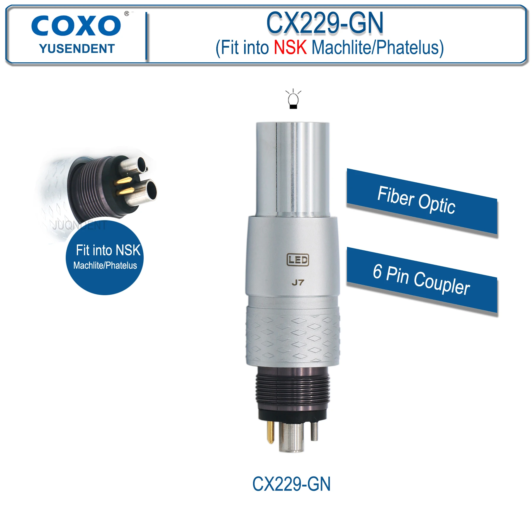 COXO YUSENDENT High Speed Dental Handpiece With LED Light Fiber Optic Dental Turbine 6 holes fit KAVO NSK Sirona WH CX207-G image 3