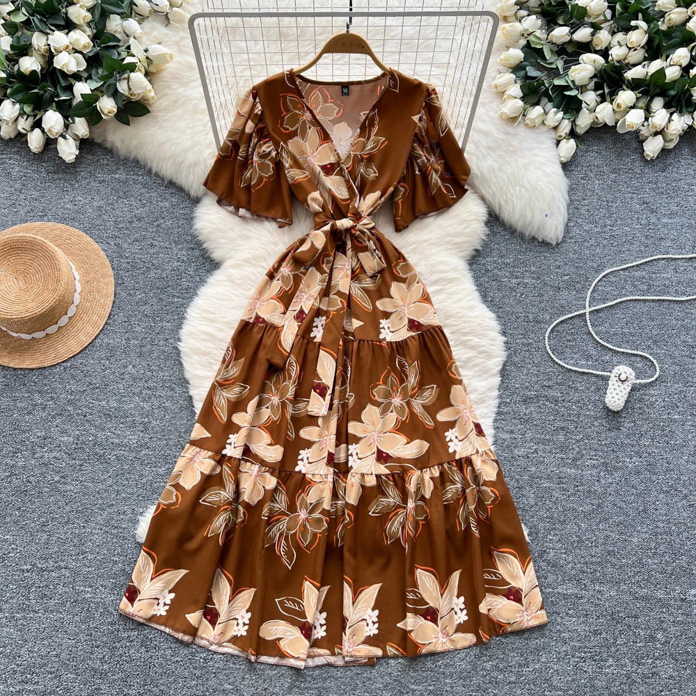 Chic vintage Sexy V-neck print ruffle lace-up Elegant Fairy Summer  Women Boho Sundress women clothing Long dress