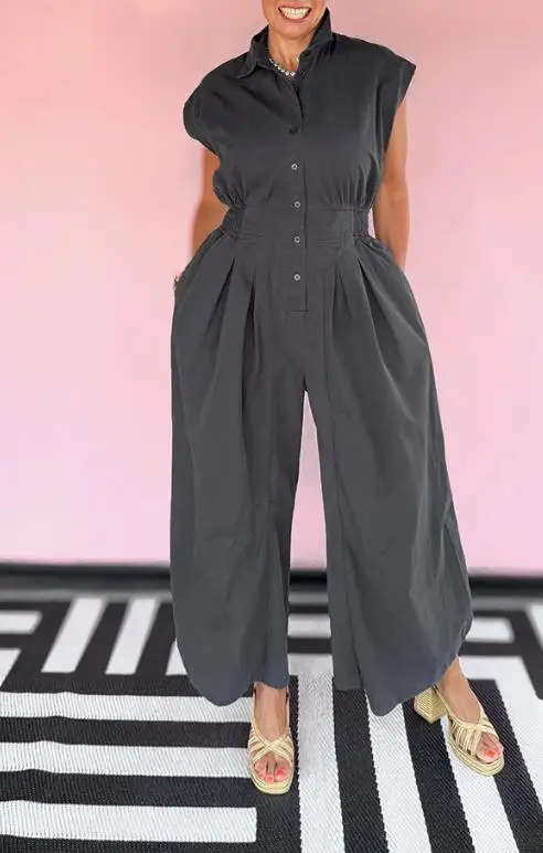 

2025 Casual Commuting Lapel Sleeveless Button Up Workwear Summer Solid Color Lapel Slim Fit Waist Pocket Workwear Style Jumpsuit