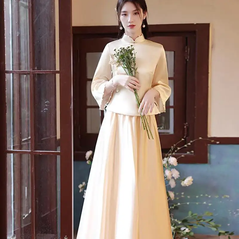 Mandarin Collar Floor-Length Cheongsam Chinese Traditional Bride Wedding Qipao Vintage Embroidery Elegant Toast Dress Gown