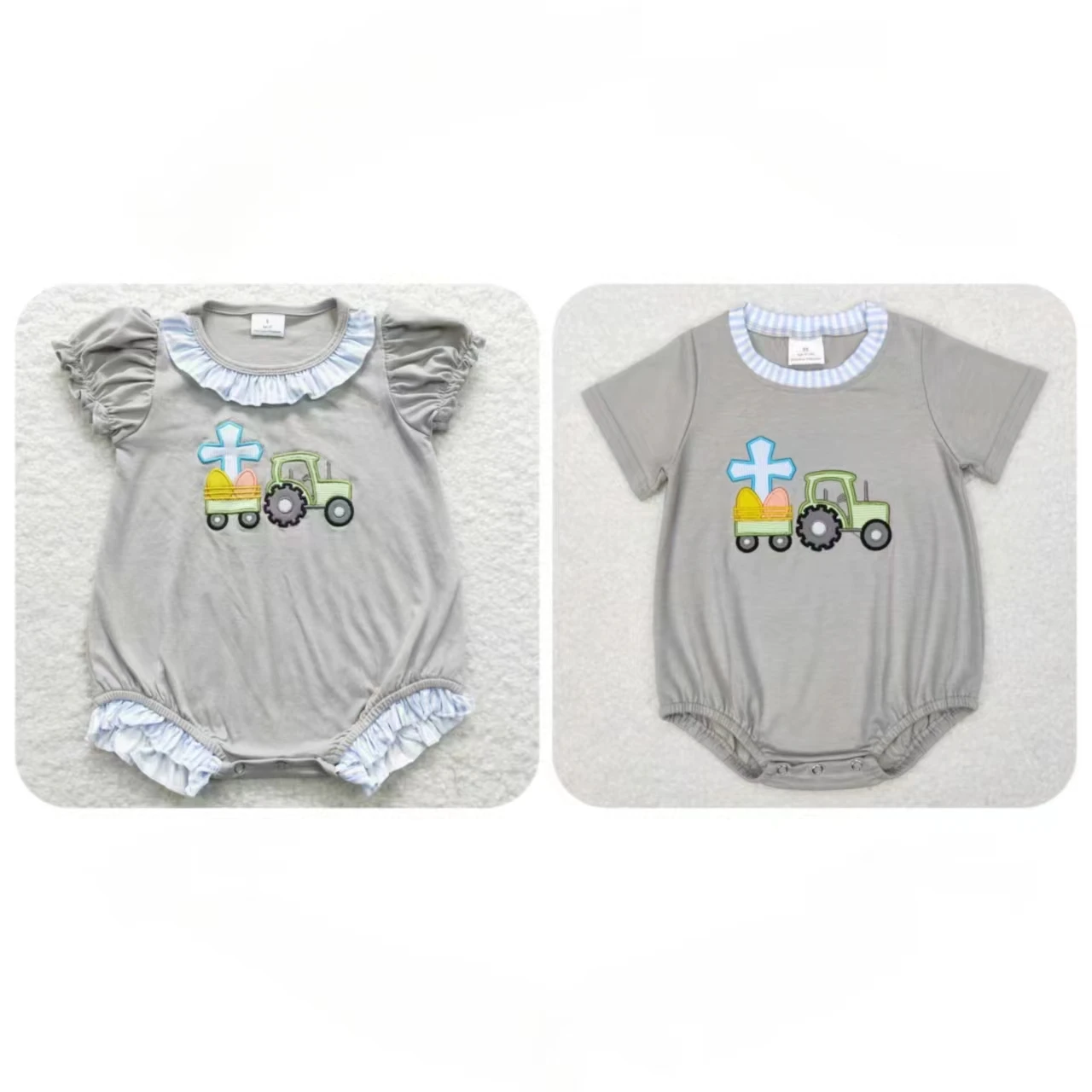 

Wholesale Newborn Easter Romper Baby Boy Children Grey Short Sleeves Embroidered Kids Toddler Eggs Tractor One-piece Clothes