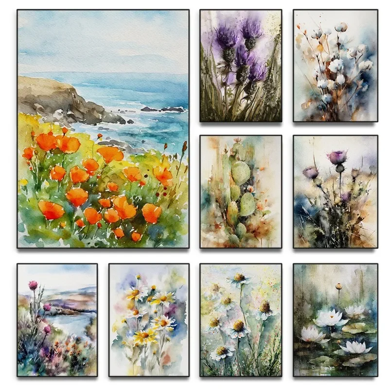 Abstract Watercolor Wildflower Meadow Poster Daisy Thistle Cactus Flower Artwork Canvas Painting Wall Art Garden Room Home Decor