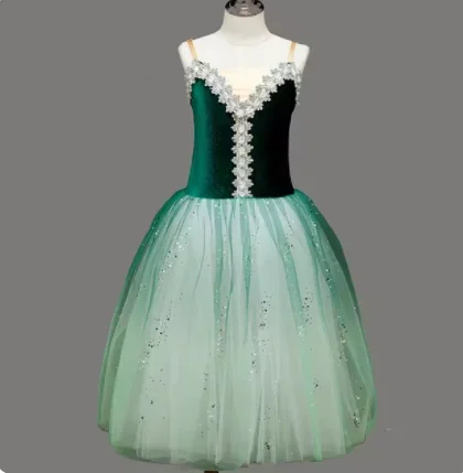 B085  Green Gradient Velvet Ballet Tutu Skirt Women Dress Long Vestidos For Girls Performance Clothing Swan Belly Dance Skirts