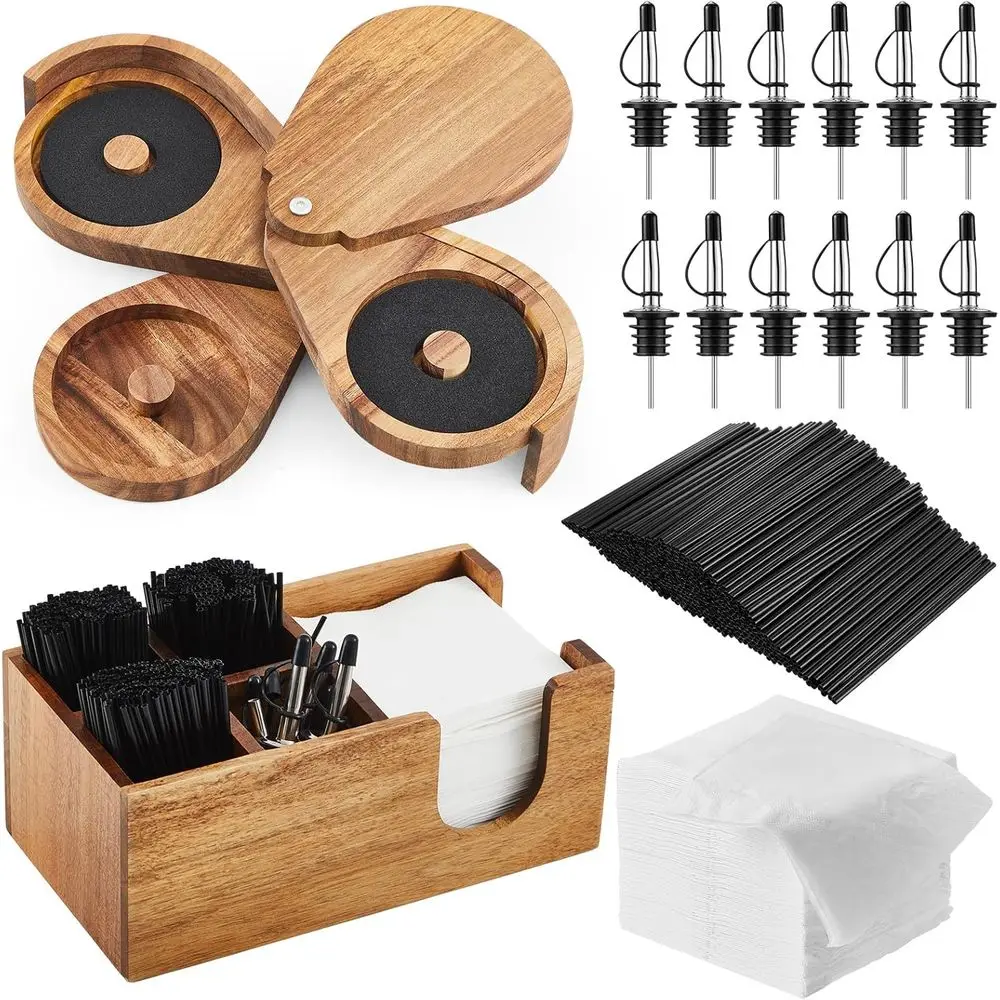 

Набор для бара из 3-х уровневой подставки из акации с 12 насадками из нержавеющей стали, подставкой на 6 отделений, 1000 мешалок, 200 салфеток