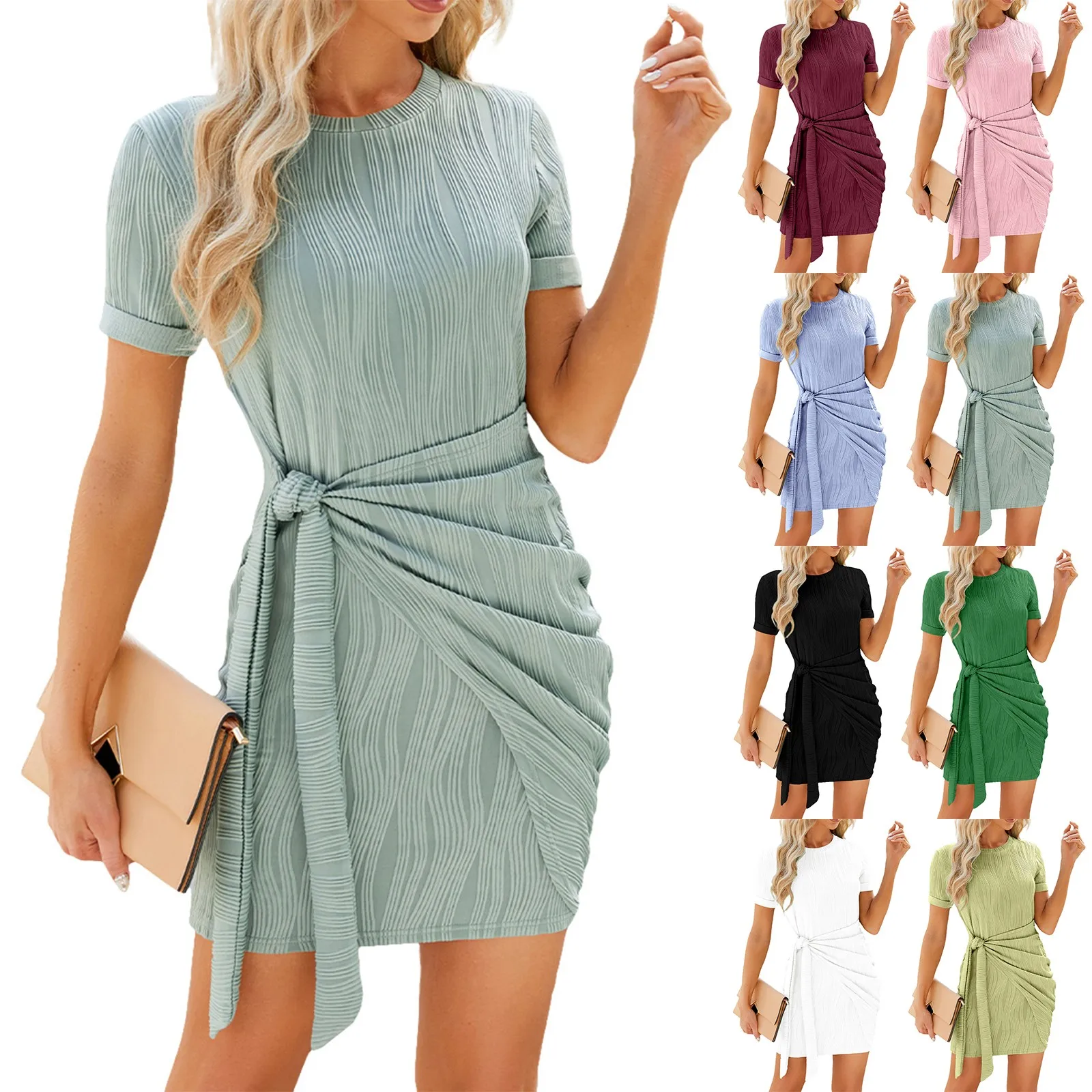 Women'S Fashion Solid Colour Round Neck Pleated Tie Short Sleeve Knitted Hip Dresses Sundress Y2k Pockets Short Dress