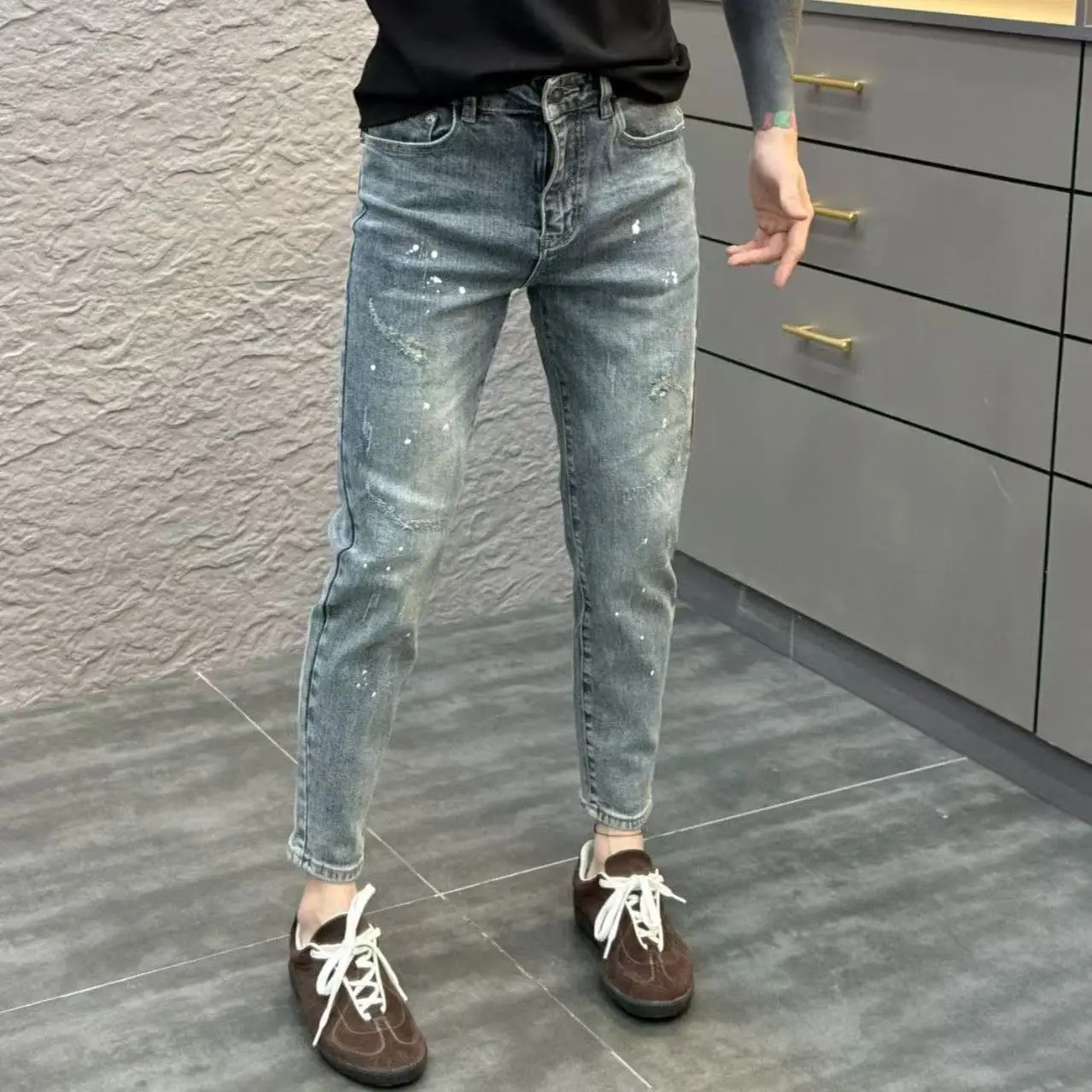 

Designer Clothing Man 2026 Ink Splashing Jeans Fashionable Slim Small Feet New Trend Retro Hole Elastic Korean Work Pants Man