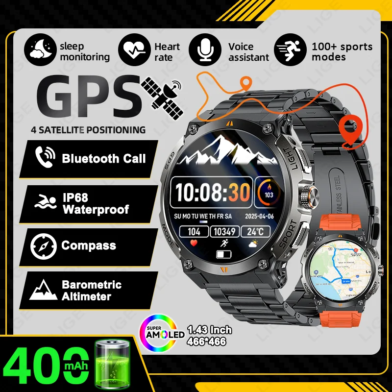 LIGE New GPS Sport Smart Watch Outdoor RIDE Run Fitness Watches AMOLED Voice Call Compass Altimeter IP68 Waterproof Bracelet Men