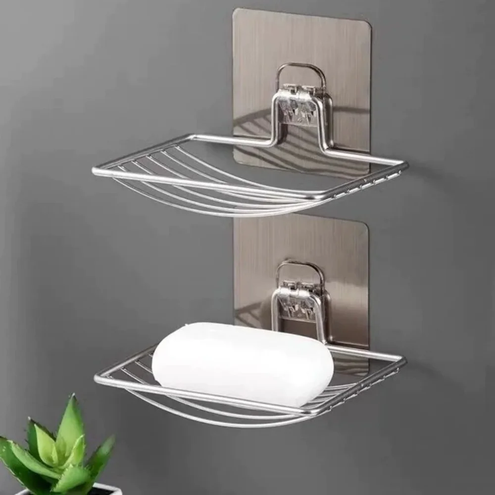 Bathroom Silver Soap Holder Cup Box Dish Soap Storage Saver Shower Tray Bathroom Washing Basket Adhesive Soap Holder Accessories