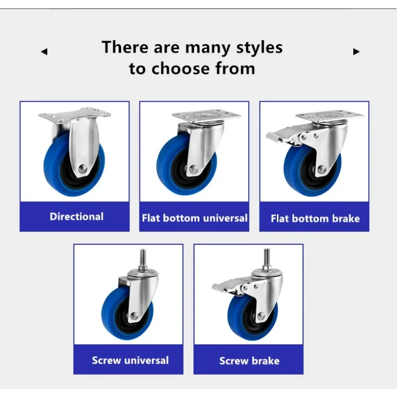 4 Stks/partij 3 Inch 304 Roestvrijstalen Zwenkwielen Medium Blauw Tpr Twin As Rubber Universele Roller Stille Wiel Caster 270Kg