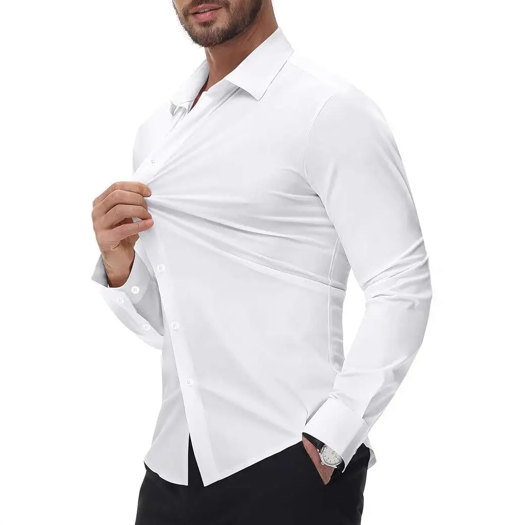 

High Elastici Sl Men's irt Smooth No Ironing Muscle Slim Fit Elastic irt ular PU Leather Long Sve Casual irt