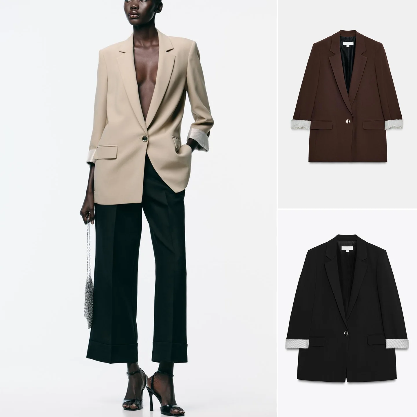 

Fall New Women's American Sle Long Sve Printed Cuff Suit Jaet with oulder Pads Flip-Cover Collar Casual Loose Fit