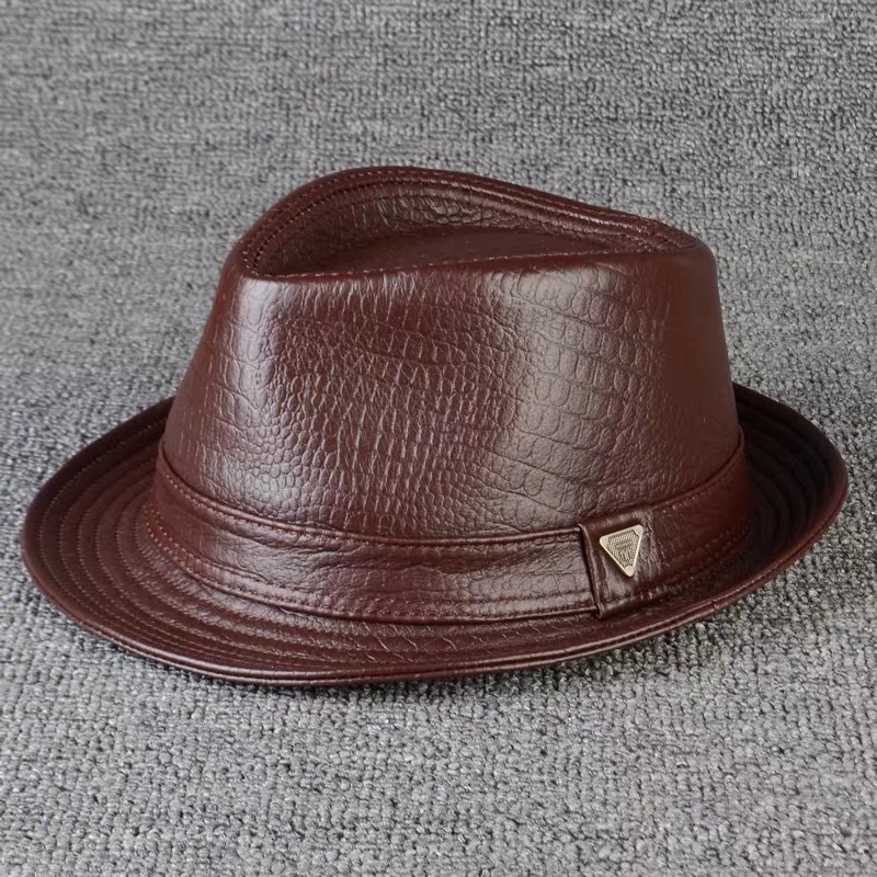 Leather Top Hat Man Autumn and Winter Men's 100% Leather Gentleman Ceremonial Fedora Formal Hat Alligator Print British Jazz Cap
