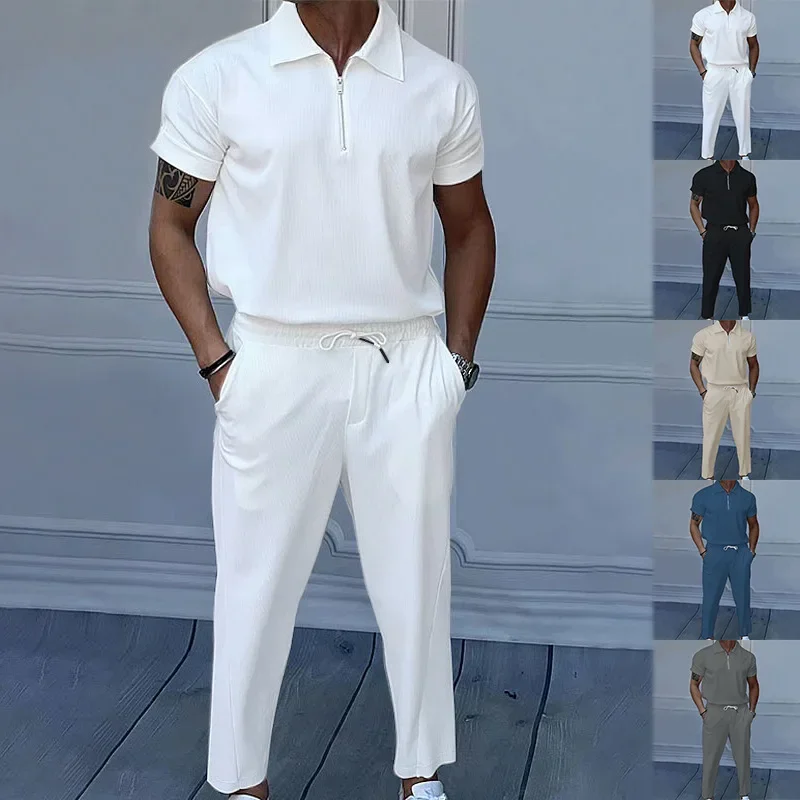 

Summer costume for European and American men, plain color, lapels, short sleeves, zipper, pants, new collection