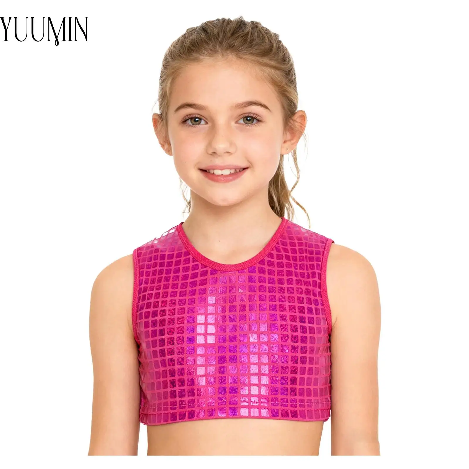 

Детский танцевальный костюм черлидинга для девочек и мальчиков, укороченный топ без рукавов в металлическую клетку для джазовых танцев, жилет без рукавов для сценического шоу, вечеринки