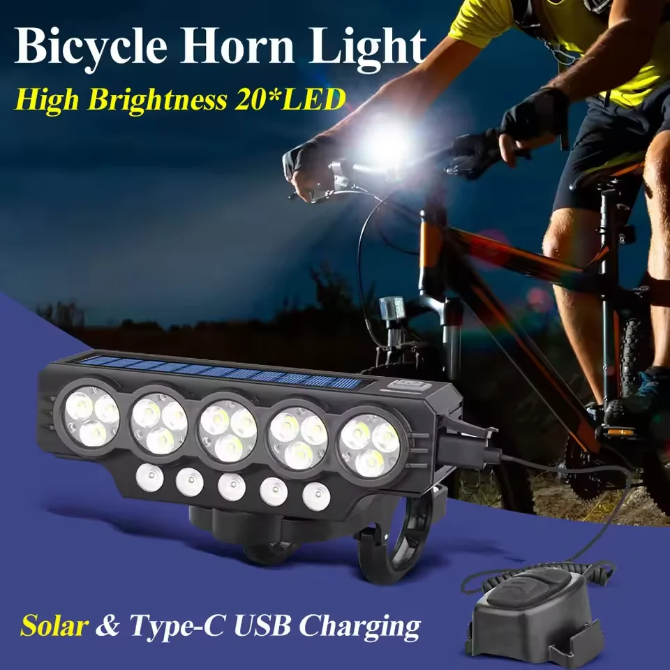 20LED Solar Bicycle Horn Light Power Display Cycling Front Lamp Rechargeable High Brightness Bike Headlight Bicycle Accessories