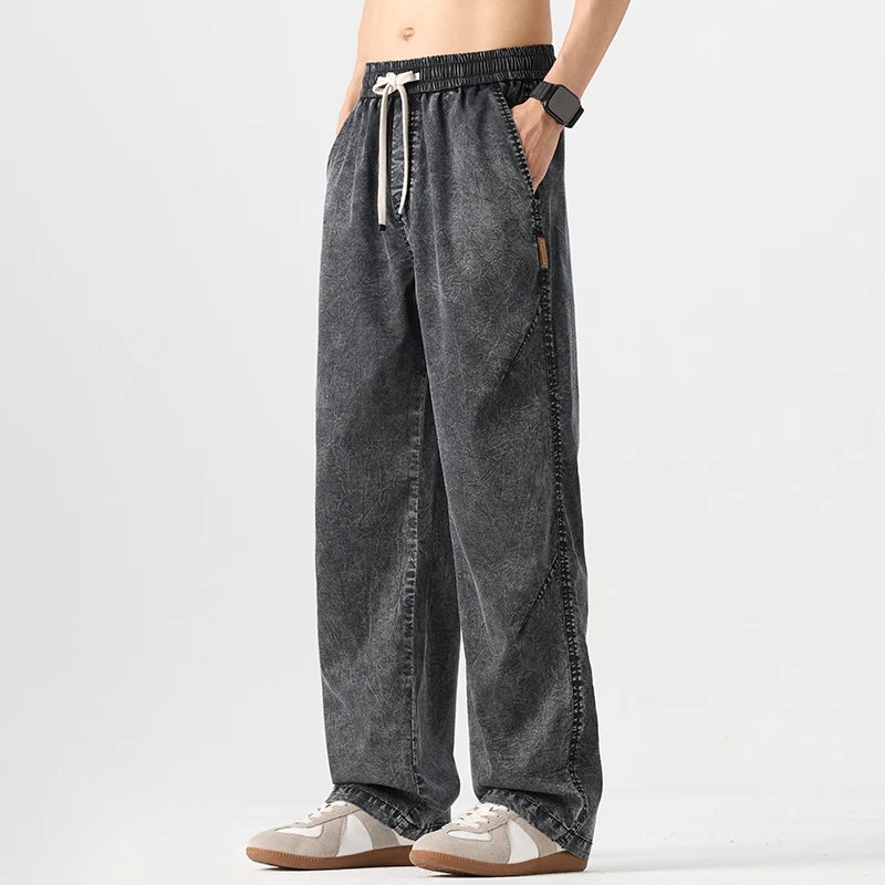

2026 Summer Lyocell Jeans For Men Elastic Waist Drawstring Loose Straight Denim Pants Vintage Snow Wash Wide Leg Trousers
