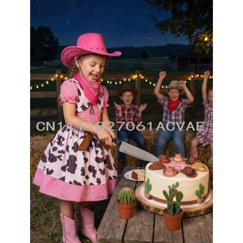

Girls Western Dress Up Outfit Vintage Cowboy Role Play Party Dresses For Kids 3-8 Years Summer New Plaid Short Dress With Hats