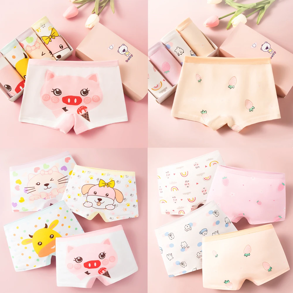 4PCS/set Kids Girl Underwear Cotton Cute Cartoon Children Shorts Cute Pet Lovely Pink Underpants Soft Little Girls Boxer Panties