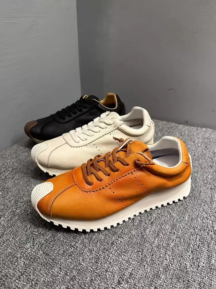 Breathable Spring Summer Mens Genuine Leather Sneakers Lace Up Round Toe Comfortable Jogger Casual Shoes Fashion Walking Shoes