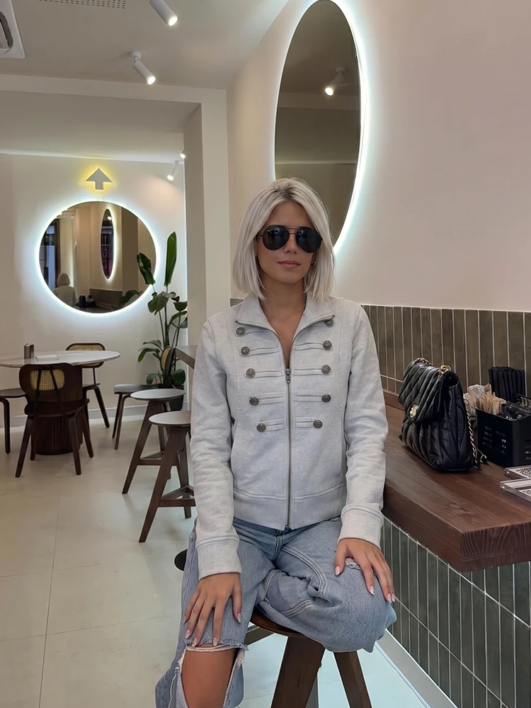 

HH Women Summer Y2K Minimalist Grey Military Jacket Spring Stand Collar Half Zip Bronze Button Cropped Lightweight Outerwear