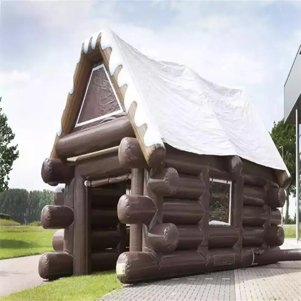 

Brown Inflatable Winter House Cabin Tent With White Roof Outdoor Ski Lodge PVC Irish Pub Caravan Bar For Party Event Advertising