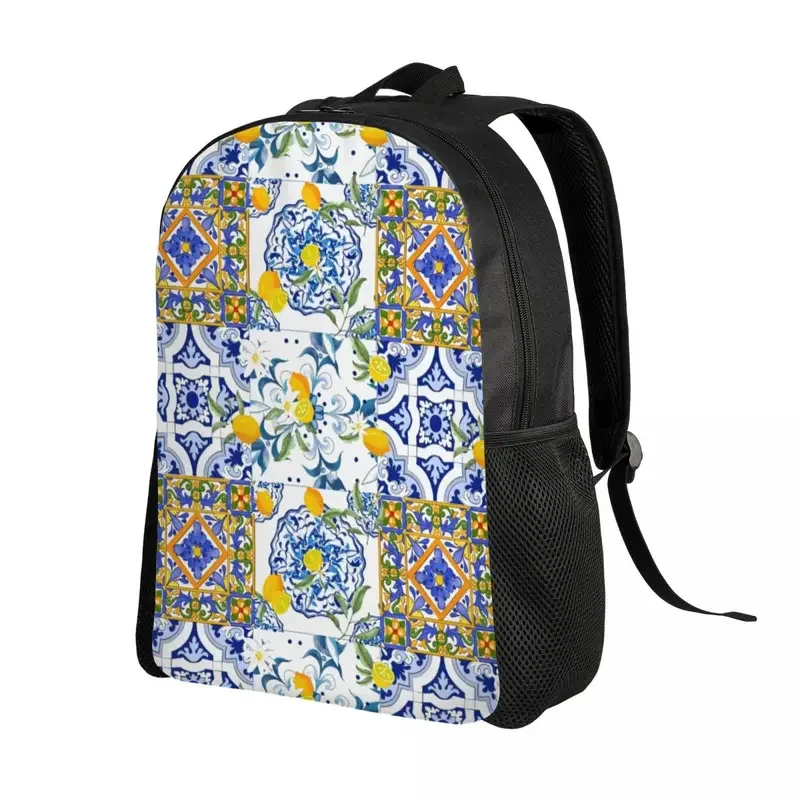 Mochila de viaje con diseño de limones de frutas para hombre y mujer, morral de viaje con diseño de azulejos del Mediterráneo, ideal para estudiantes universitarios