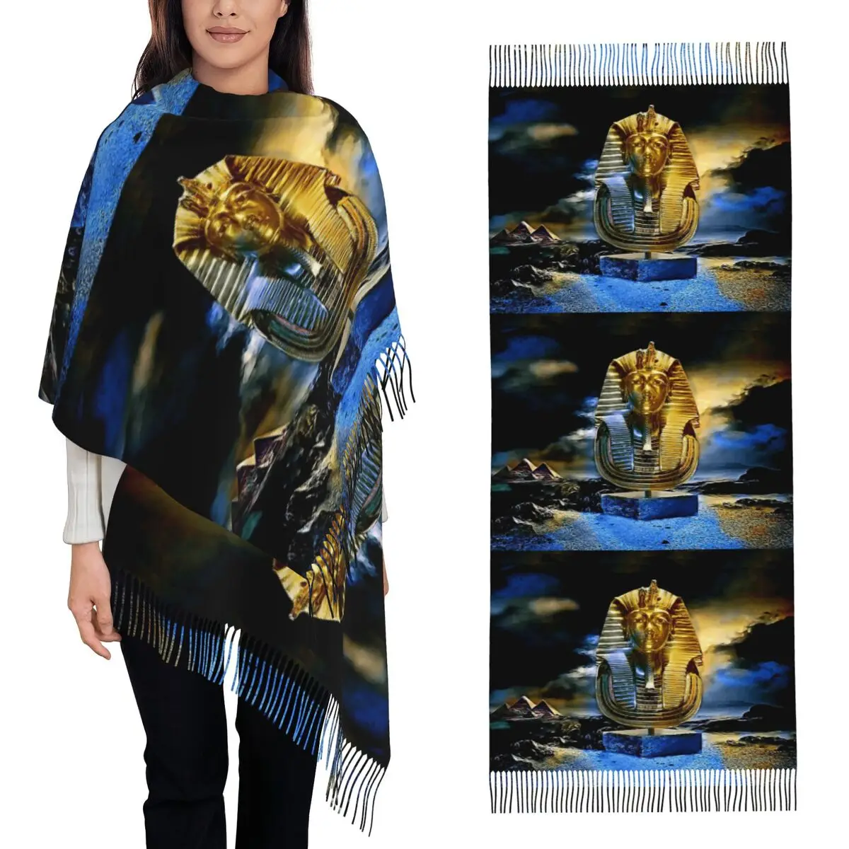 Ancient Gold Pharaoh Egypt King Tut Egyptian Hieroglyphic Scarf Tassel Scarves Women Soft Warm Shawls and Wraps Large Shawl Wrap