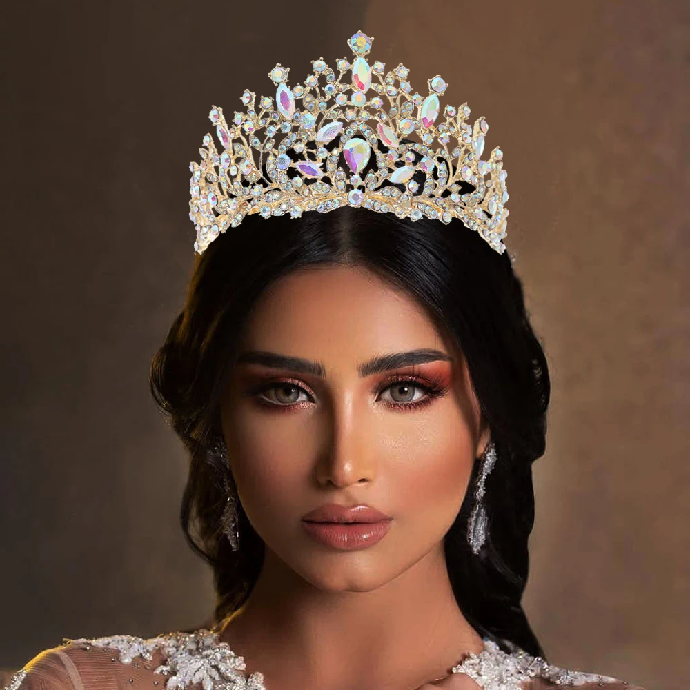 AB Crystal Queen Tiara Crown with Comb  Bridal Headpiece for Wedding  Prom  Pageant