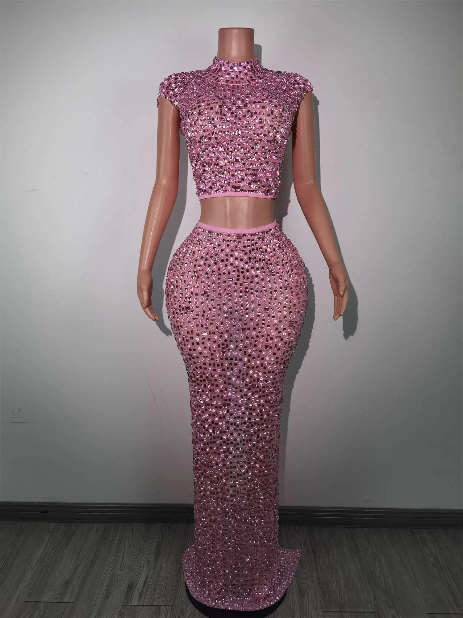 Sparkly Pink Diamonds Crop Top Long Skirt 2-PCS Set Sexy Celebrate Evening Prom Holiday Birthday Dress Photo Shoot Wear Fenbei