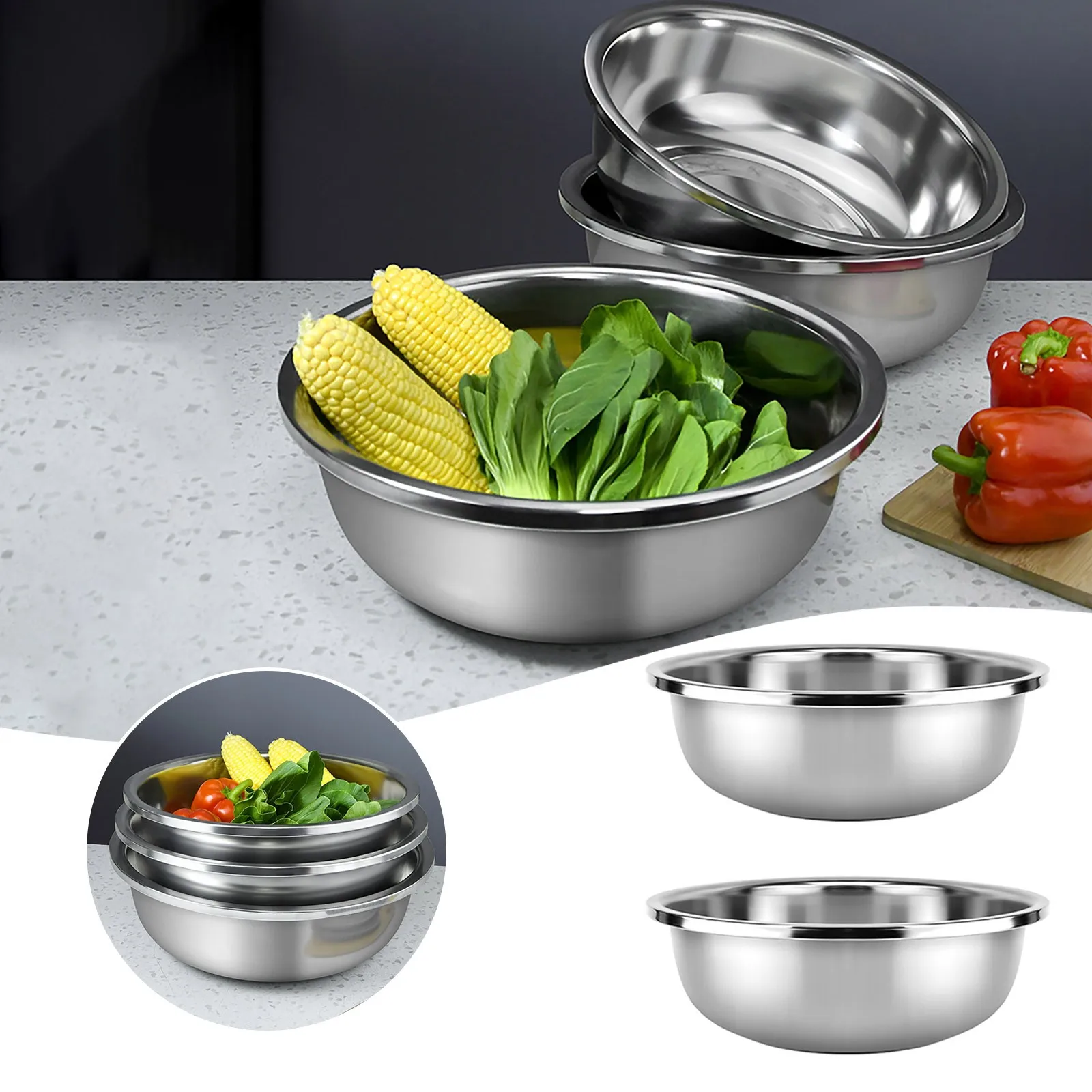 

2 шт. миска для овощей из нержавеющей стали, большая металлическая миска для смешивания, миски, контейнеры для еды, скороварка с плоским дном для консервирования