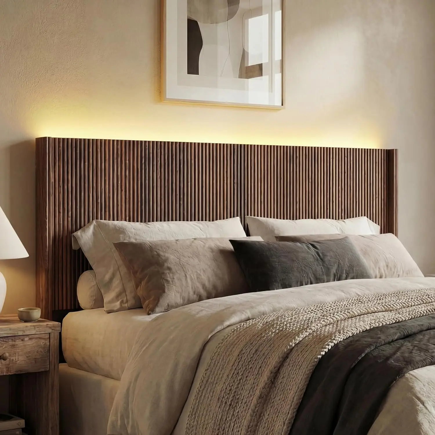 Queen Size Headboard Only, Modern Fluted Wall-Mounted Head Board with Lighting, Customized