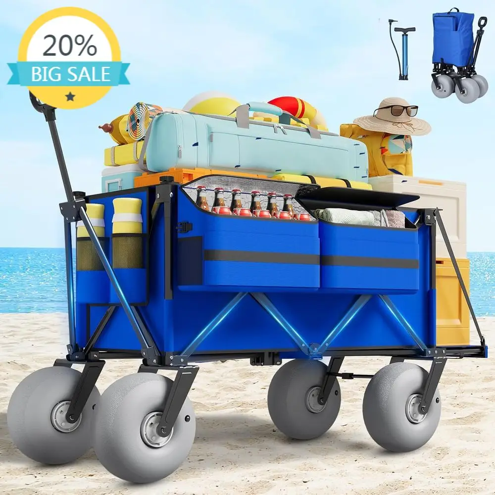 

Сверхпрочная складная пляжная тележка с 9 вседорожными колесами, грузоподъемность 200 кг – идеально подходит для активного отдыха, кемпинга и походов за продуктами.