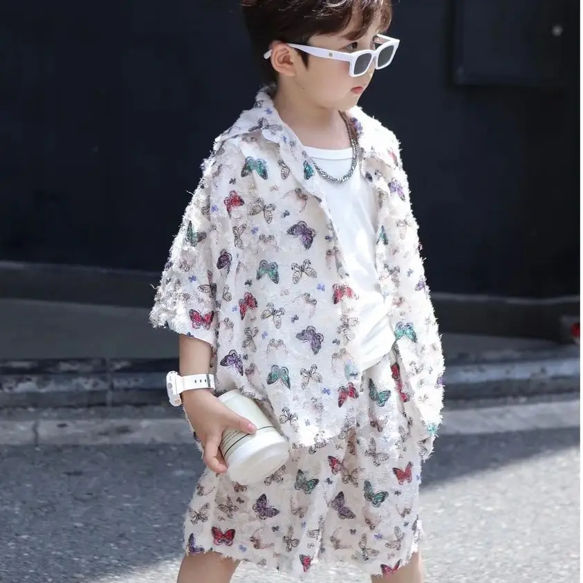 Children's 2025 Summer New Butterfly Button Shirt Shorts Two-piece Suits Boys' Casual Fashion Thin Handsome Colorful Sets