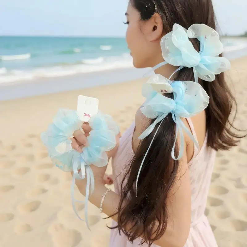 قطعة واحدة من حلقة الشعر المرنة للنساء، تصميم سمكة ذهبية زرقاء، حزمة شعر للأمعاء الغليظة للصيف، إكسسوار شعر شبكي شفاف