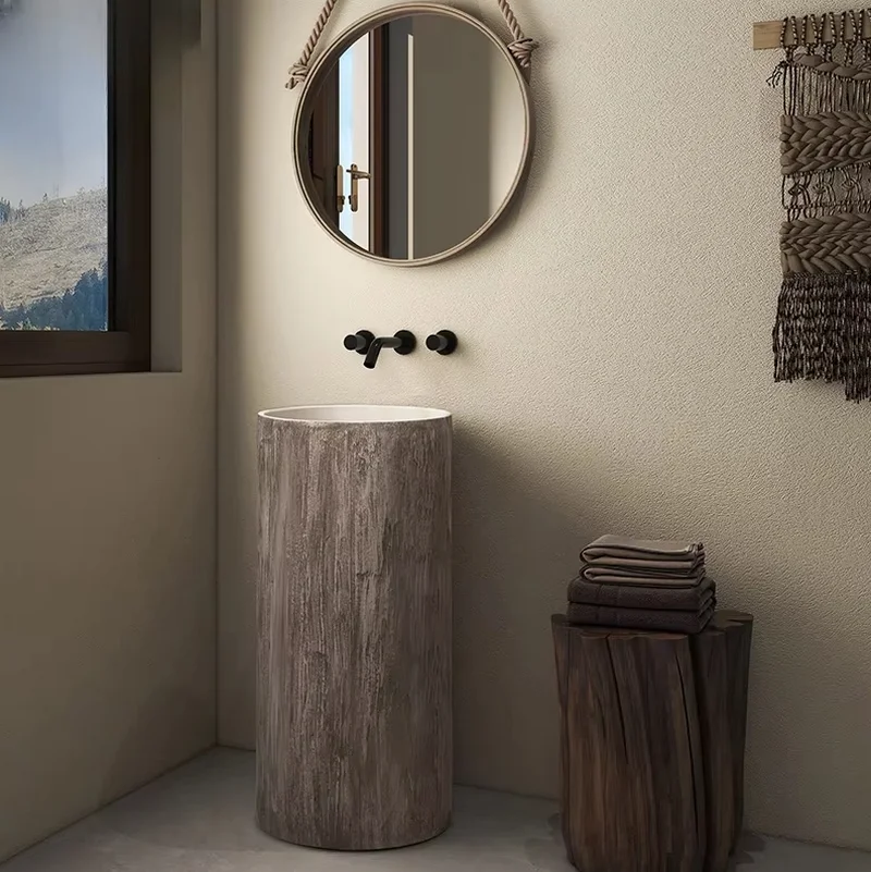 

High Quality Modern Column basin floor standing designer integrated art wash basin, wood grain circular wash basin