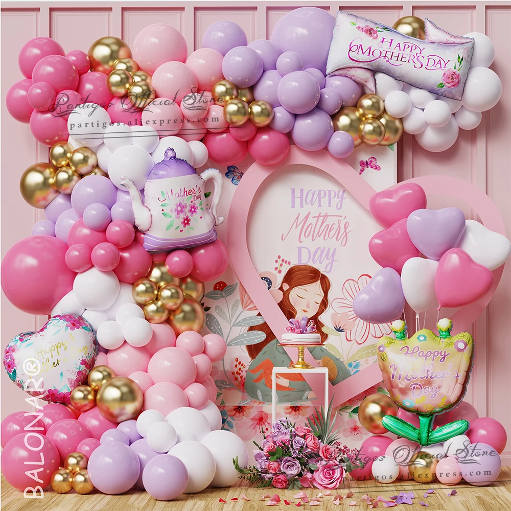 130Pcs Mom Mother's Day Balloon Arch Kit Happy Day Mom Foil Air Globals Breast Balloons Home Happy Mother's Day Party Decoration