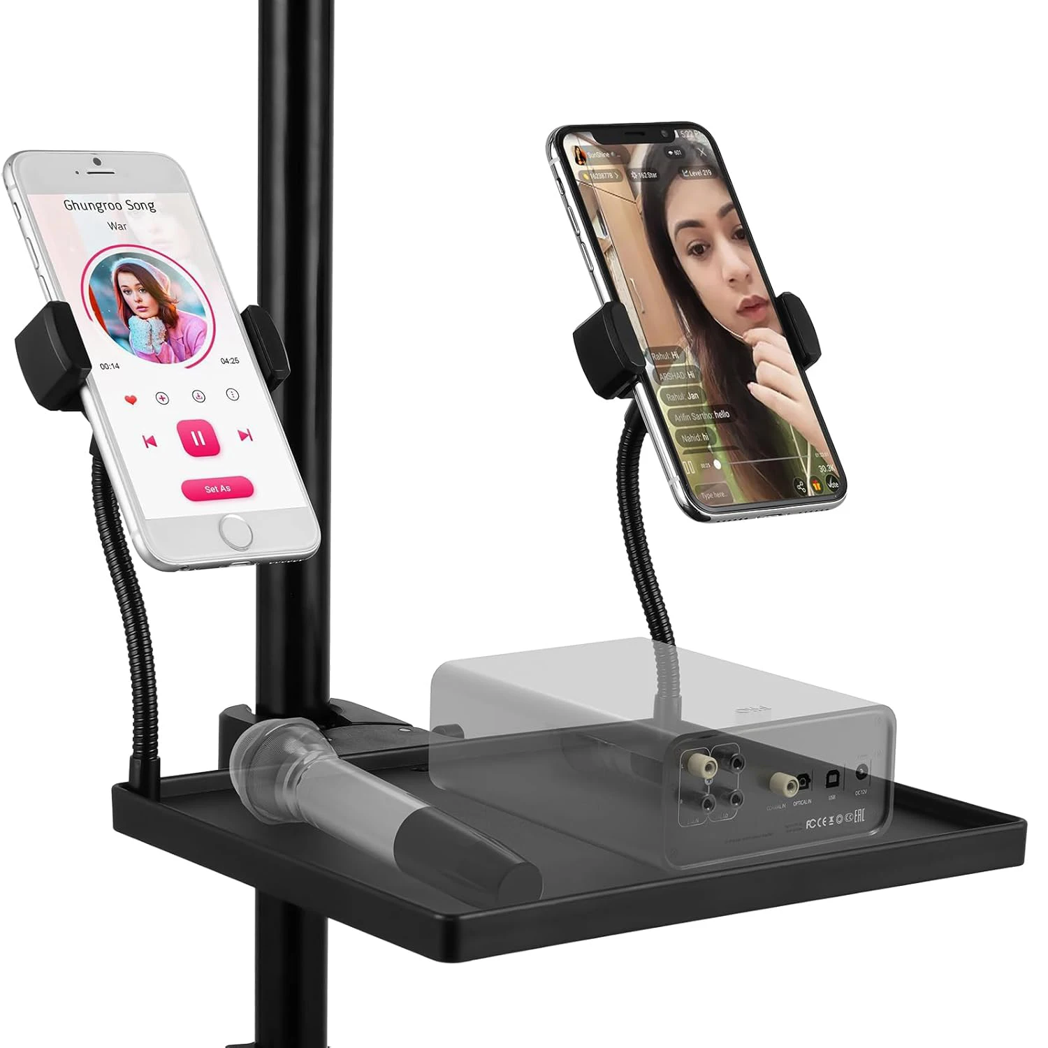 Microphone Stand Tray Mic Stand Tray with Phone Holder Adjustable Clamp On Stand for Singing Podcast Recording Streaming Stage