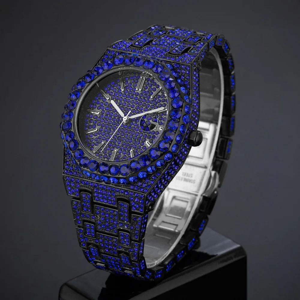 Missfox Luxury Men's Quartz Watch Hip Hop Fashion Cool Blue Waterproof Wristwatch with Calendar And Luminous Features