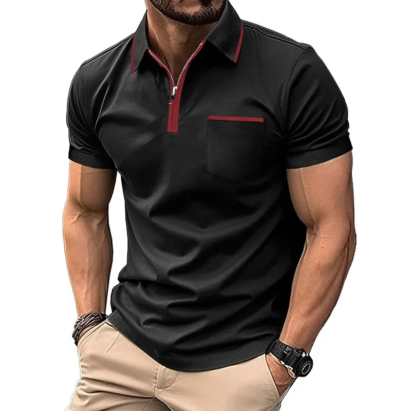 European and American Summer Men's Short Sleeve Polo Shirt Mens Lapel Pocket T-shirt Color Matching Casual Top