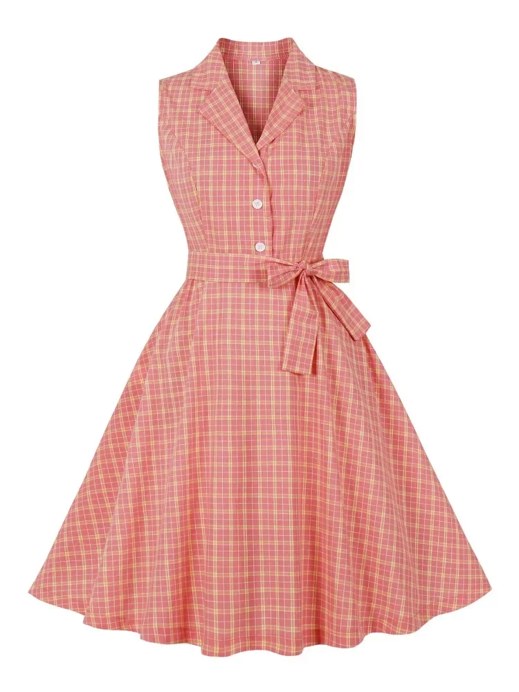 Hepburn-Robe Rockabilly Vintage à Carreaux en Coton pour Femme, Col Cranté, Boutonné, Forme Trapèze, Années 50 et 60, Nouvelle Collection Été 2025