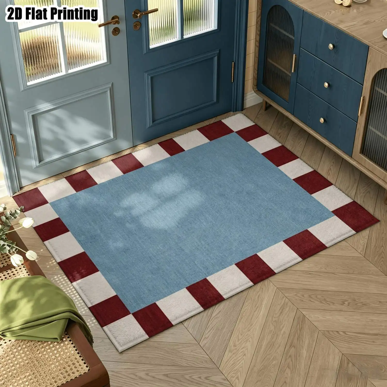 1Pc 2D Printed Carpet: Blue Red White Block Geometric Patterns, Nordic Modern Minimalist European Style, Machine Washable, Multi-Size, Ideal for Home Decor, Door Mats, Dining, Bedroom, Living Room