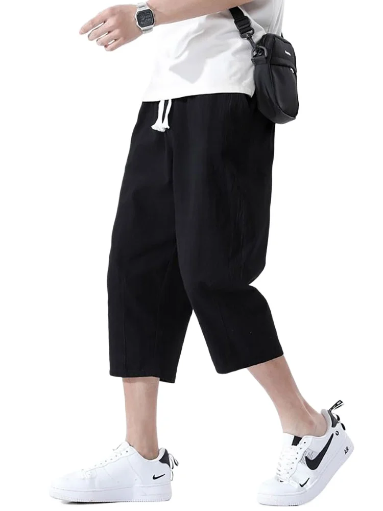 

Summer Cotton Linen Casual Shorts Men Holiday Solid Color Beach Straight Baggy Wide Capris Pants Sport Gym Half Short Trousers