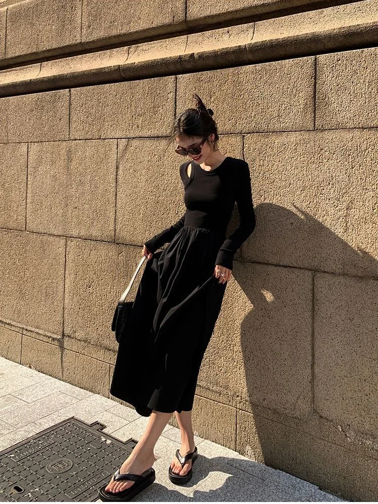 GIDYQ Vintage Hollow Out Long Sleeve Dress Women Black Elegant O Neck Office Lady Casual Pockets Bodycon Midi Dress Autumn New