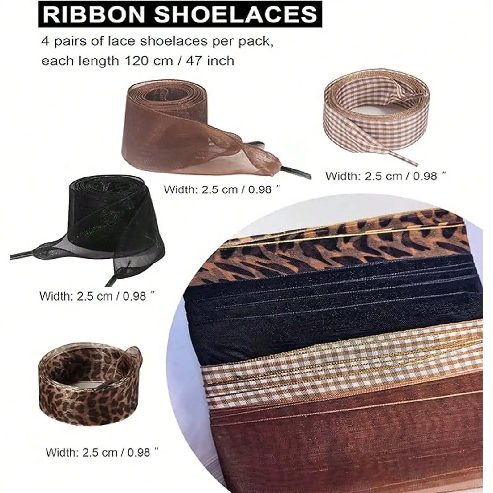 4 Pairs of Silk Ribbon, Leopard Print, and Plaid Pattern Shoelaces for Women, Cool Replacement Shoelaces for Flat Shoes, DIY Bowknot Transparent Mesh Shoelaces, Suitable for Women's Casual Shoes, Flats, Sneakers, All-S