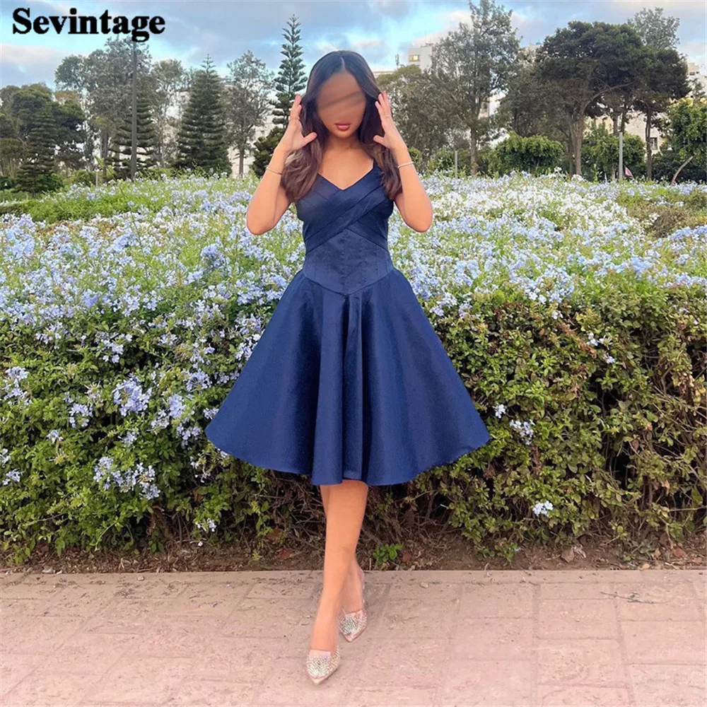 Sevintage Navy Blue Satin Prom Dresses V-Neck Sleeveless Above Knee pleat Ruched Gowns Homecoming Dress vestidos de graduación