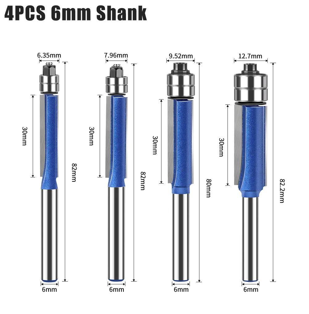 

Для деревянного шаблона, фреза с узором, инструмент для обрезки вырезания, 4 шт., 6 мм, лезвие с хвостовиком, фреза с подшипником