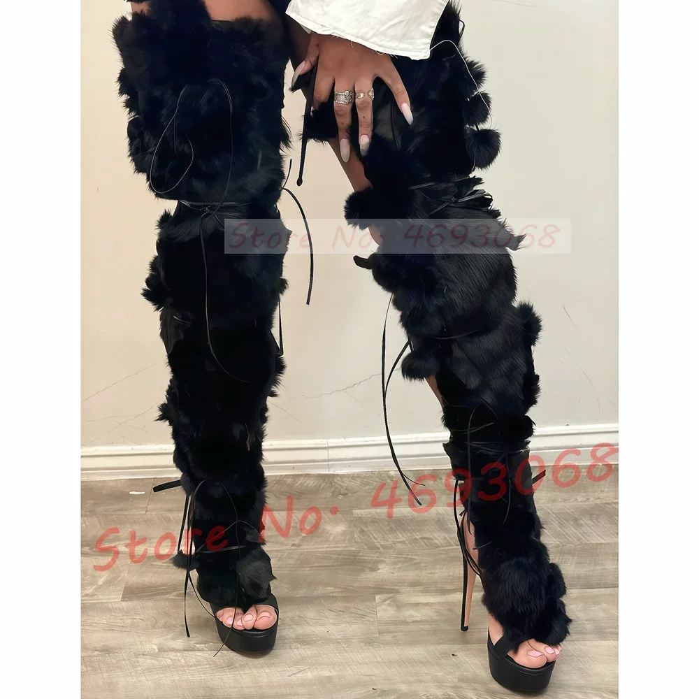Real Fur Wrap Cross Tied Platform Sandals Women Luxury Open Toe Furry High Heels Long Shoes Ladies Sexy Colored Puttee Sandals view 5