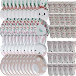 8pcs Easter Rabbit Shaped Tableware Paper Plates and Paper Cup Kids Birthday Baby Showers Spring Easter Party Decor Supplies