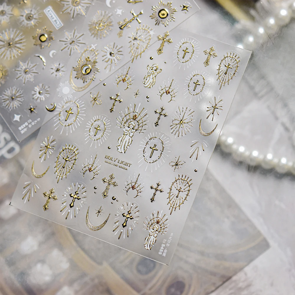 5D الإلهي الذهب الأبيض الصليب ملصقات الأظافر الإبداعية الفرنسية ملصقات الأظافر الصليب مانيكير الشارات الضوء المقدس عبر مسمار الفن لوازم